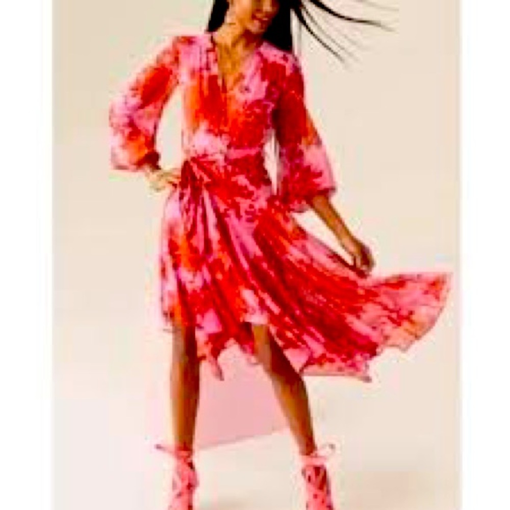 CAbi Vibrant Pink and Red Long Sleeve Dress